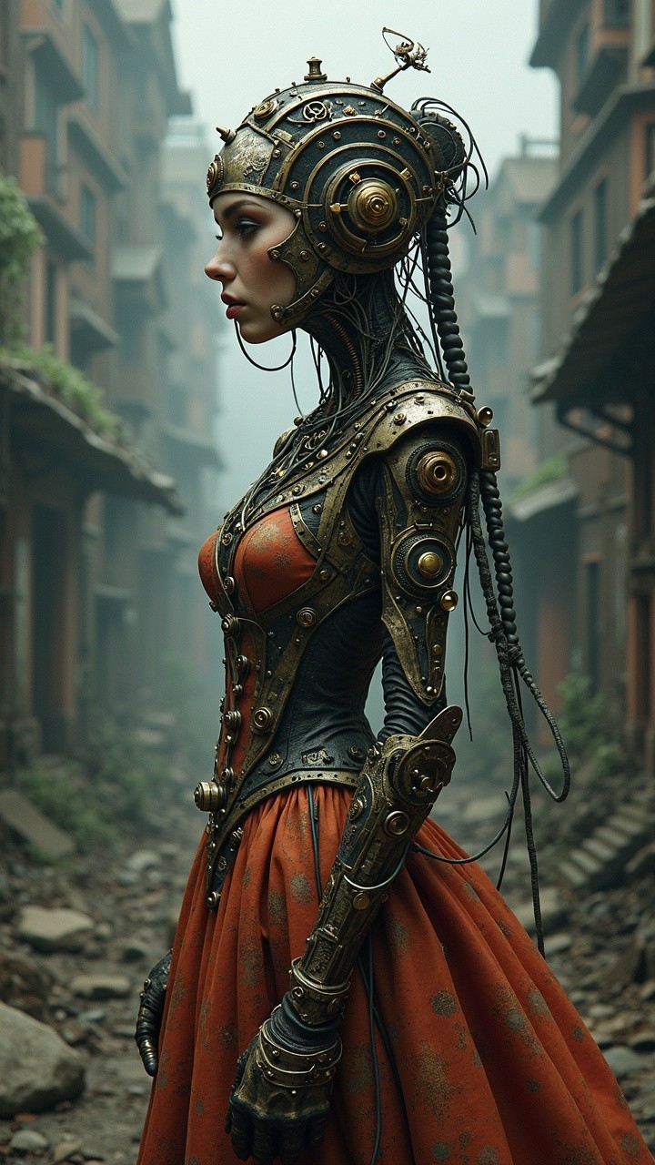 Futuristic Female Figure in Abandoned Urban Setting