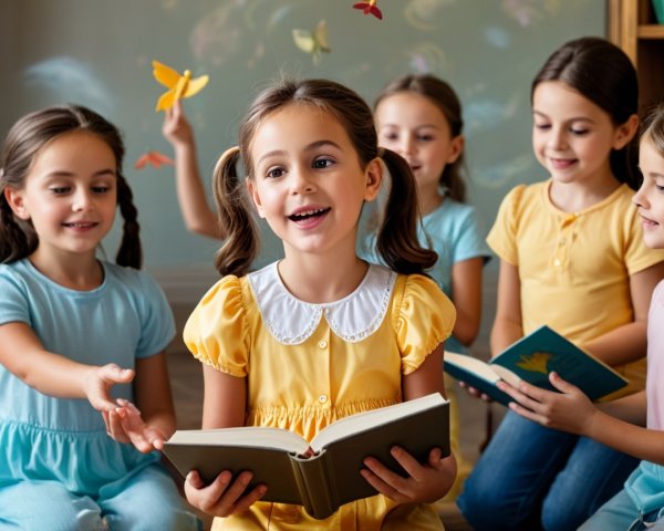 Young girls reading in a bright, whimsical room