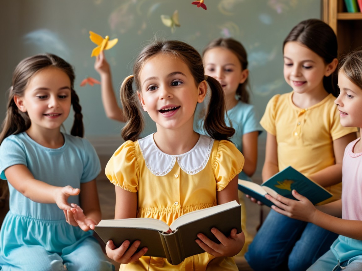 Young girls reading in a bright, whimsical room