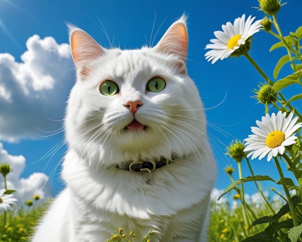 Fluffy White Cat Surrounded by Daisies and Sky