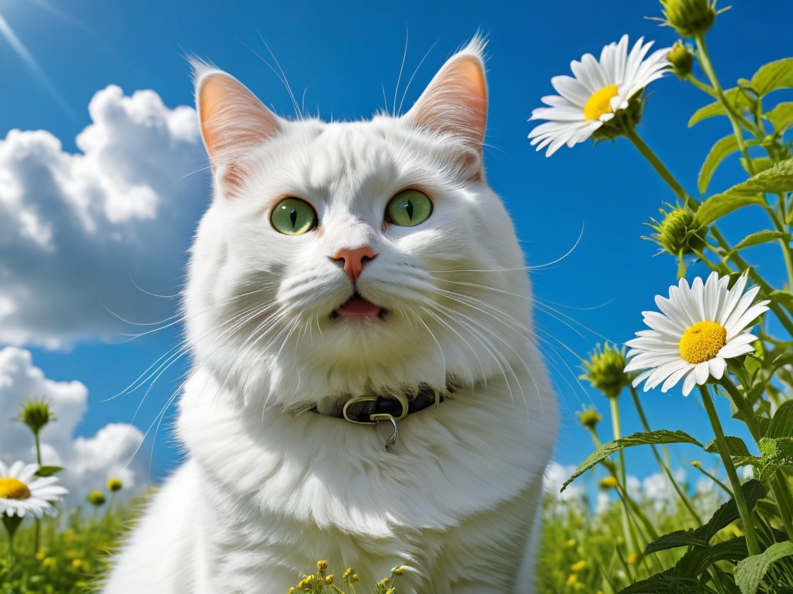 Fluffy White Cat Surrounded by Daisies and Sky