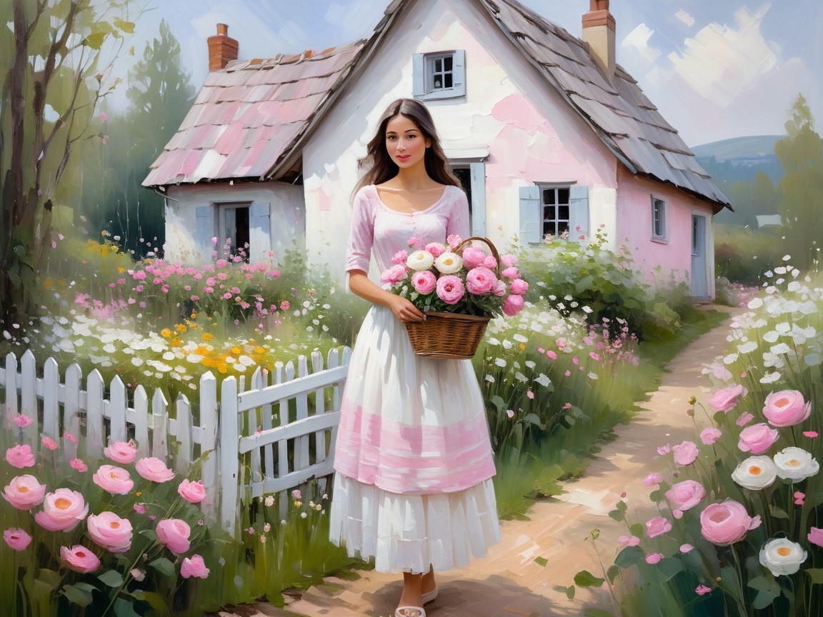 Young Woman in Vibrant Garden with Pink Roses