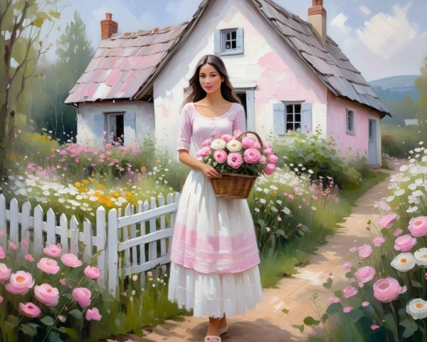 Young Woman in Vibrant Garden with Pink Roses