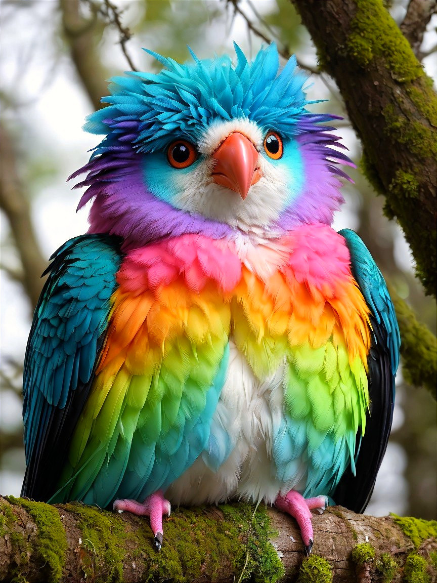 Vibrant Fantastical Bird on Moss-Covered Branch