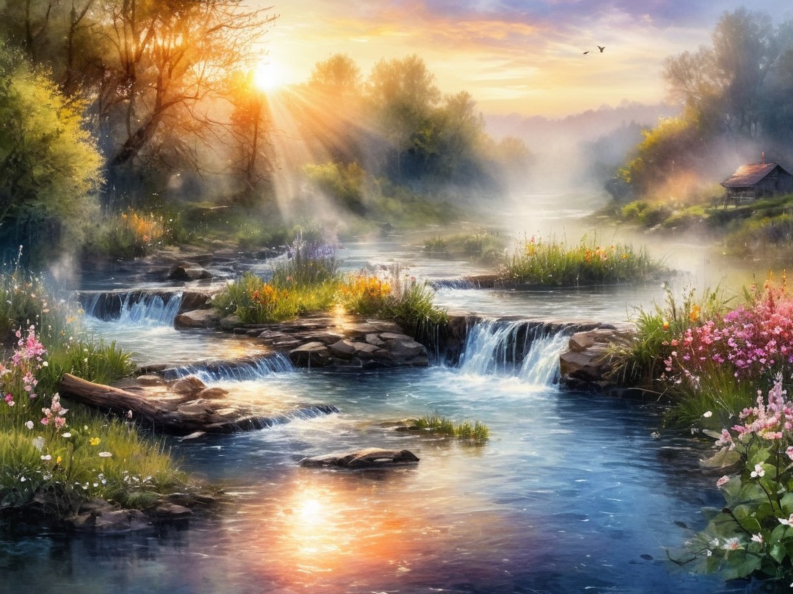 Serene Sunrise Landscape with Stream and Wildflowers