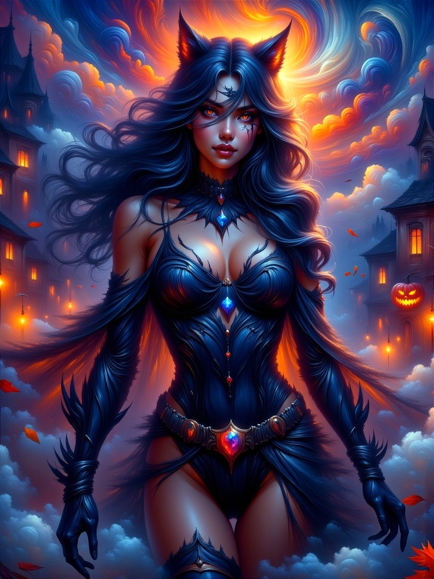 Mystical Figure in Dark Costume with Autumn Backdrop