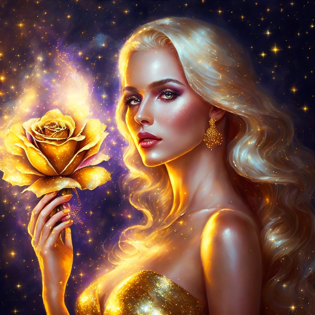 Ethereal Woman with Golden Hair and Cosmic Background