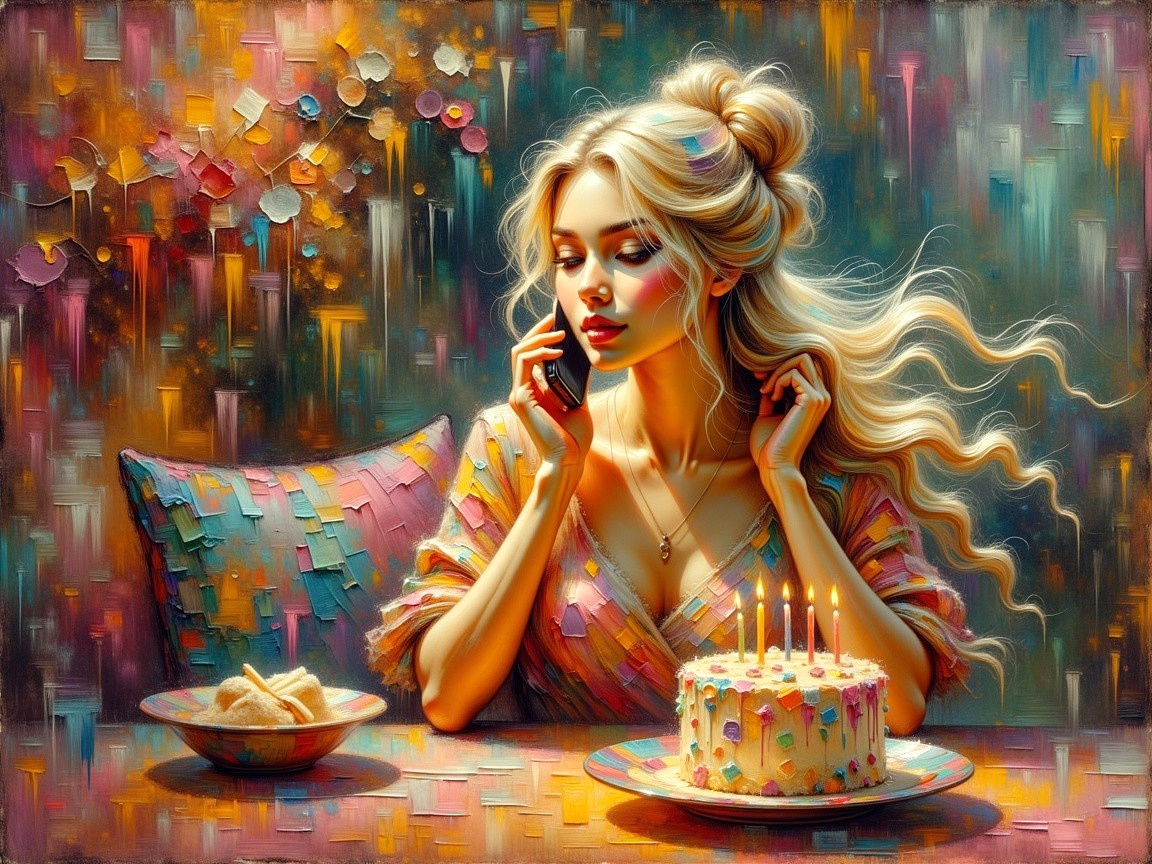 Young woman at colorful table with birthday cake