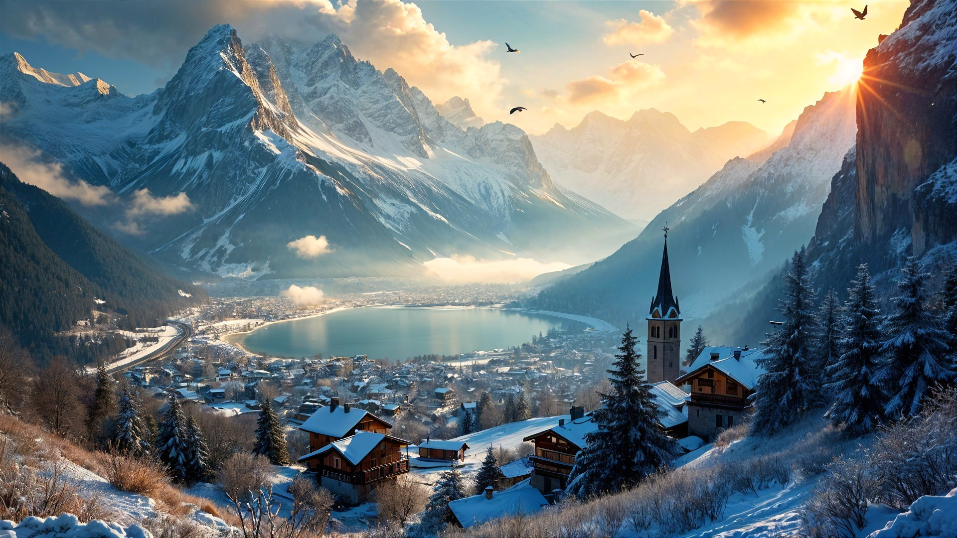 Winter Landscape with Lake and Snow-Covered Chalets