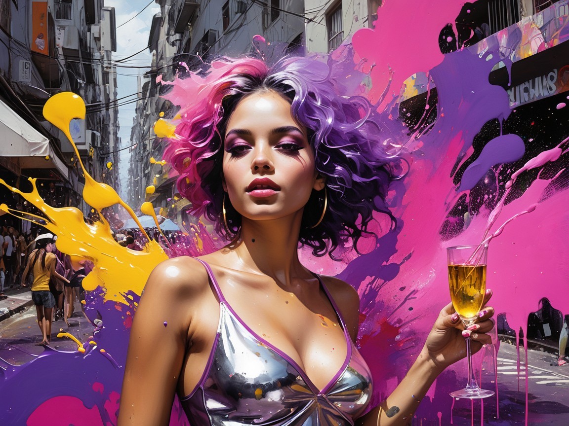 Young woman with colorful hair in vibrant street scene
