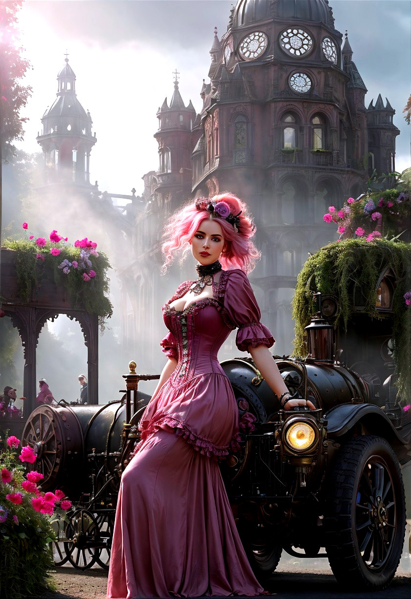 Woman in Pink Gown by Steampunk Vehicle and Flowers