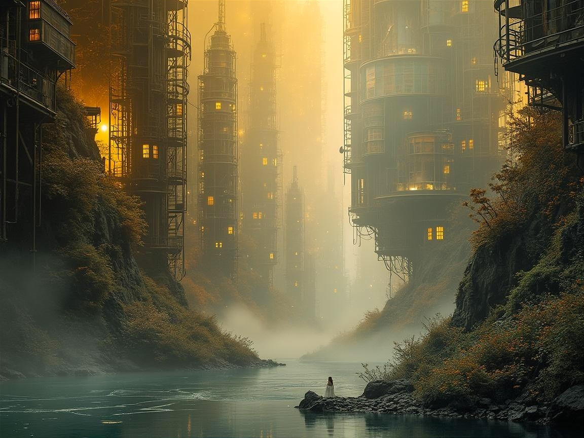 Surreal Landscape with Industrial Structures and River