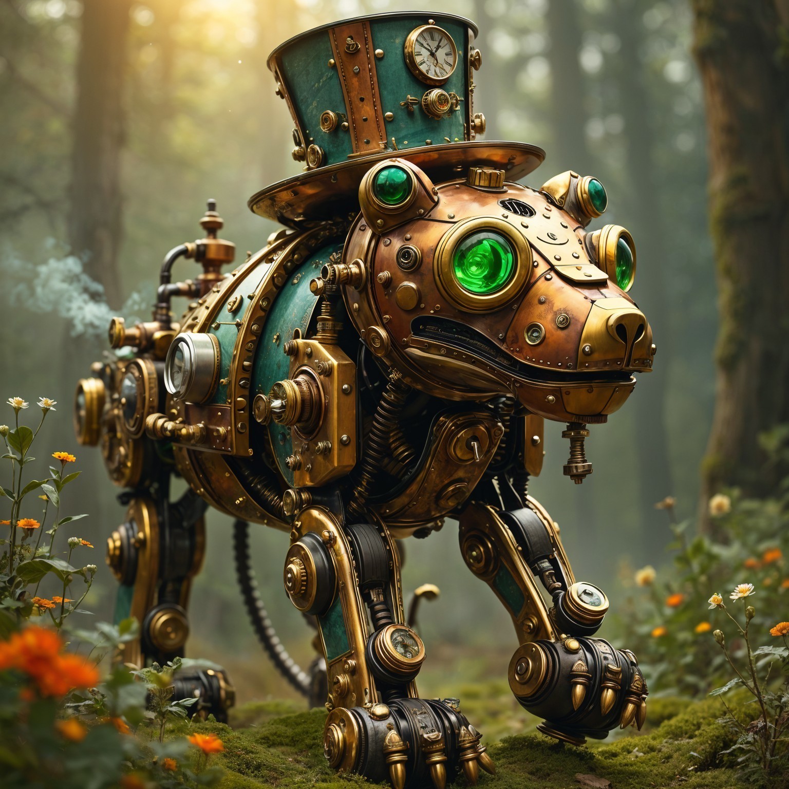 Steampunk Robotic Bear in Mystical Forest Setting