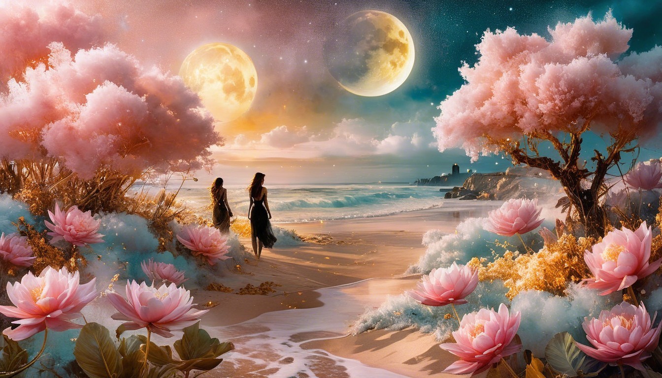 Surreal Twilight Landscape with Moons and Blossoms