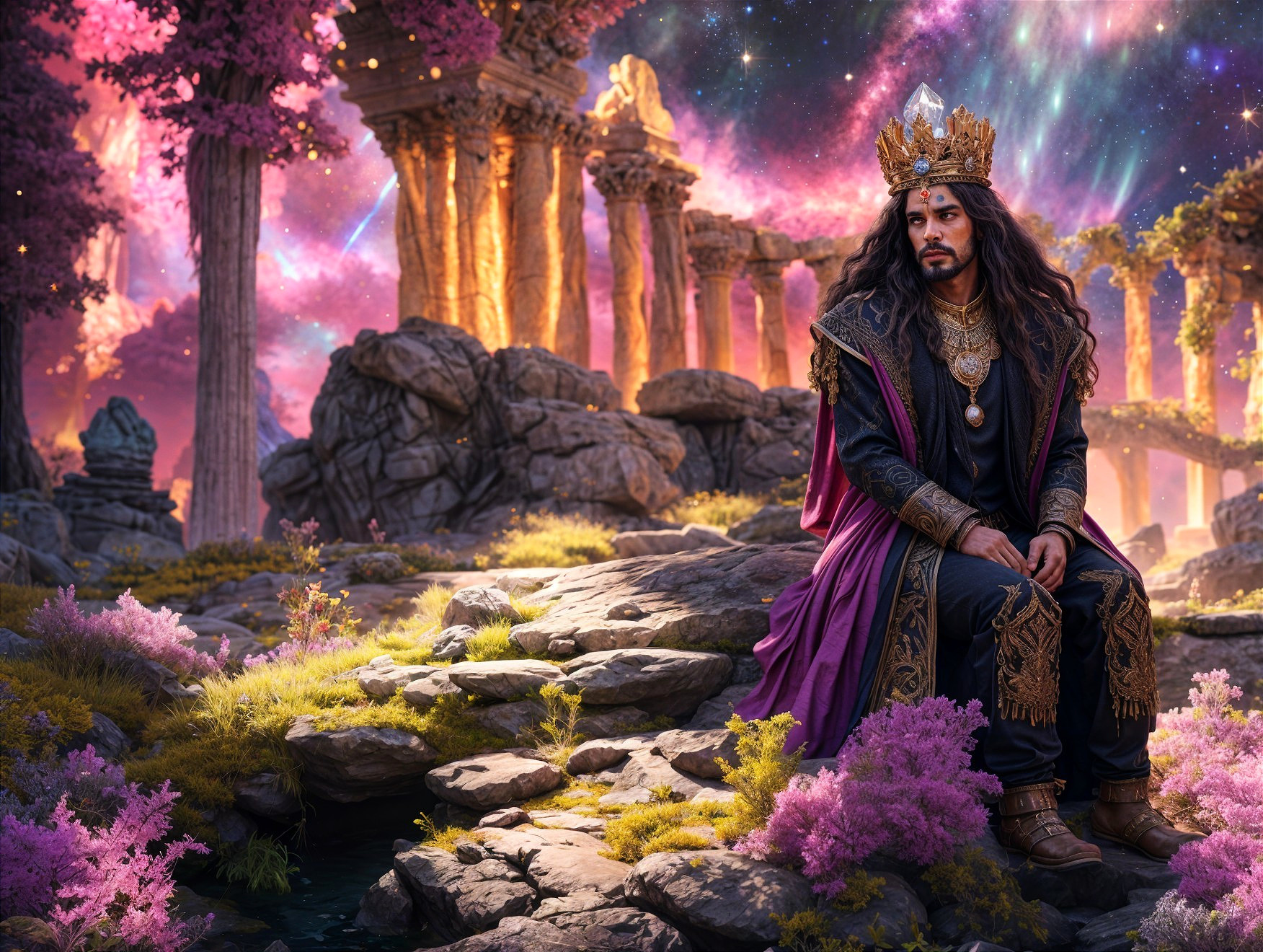 Regal Figure in Fantastical Landscape with Ruins