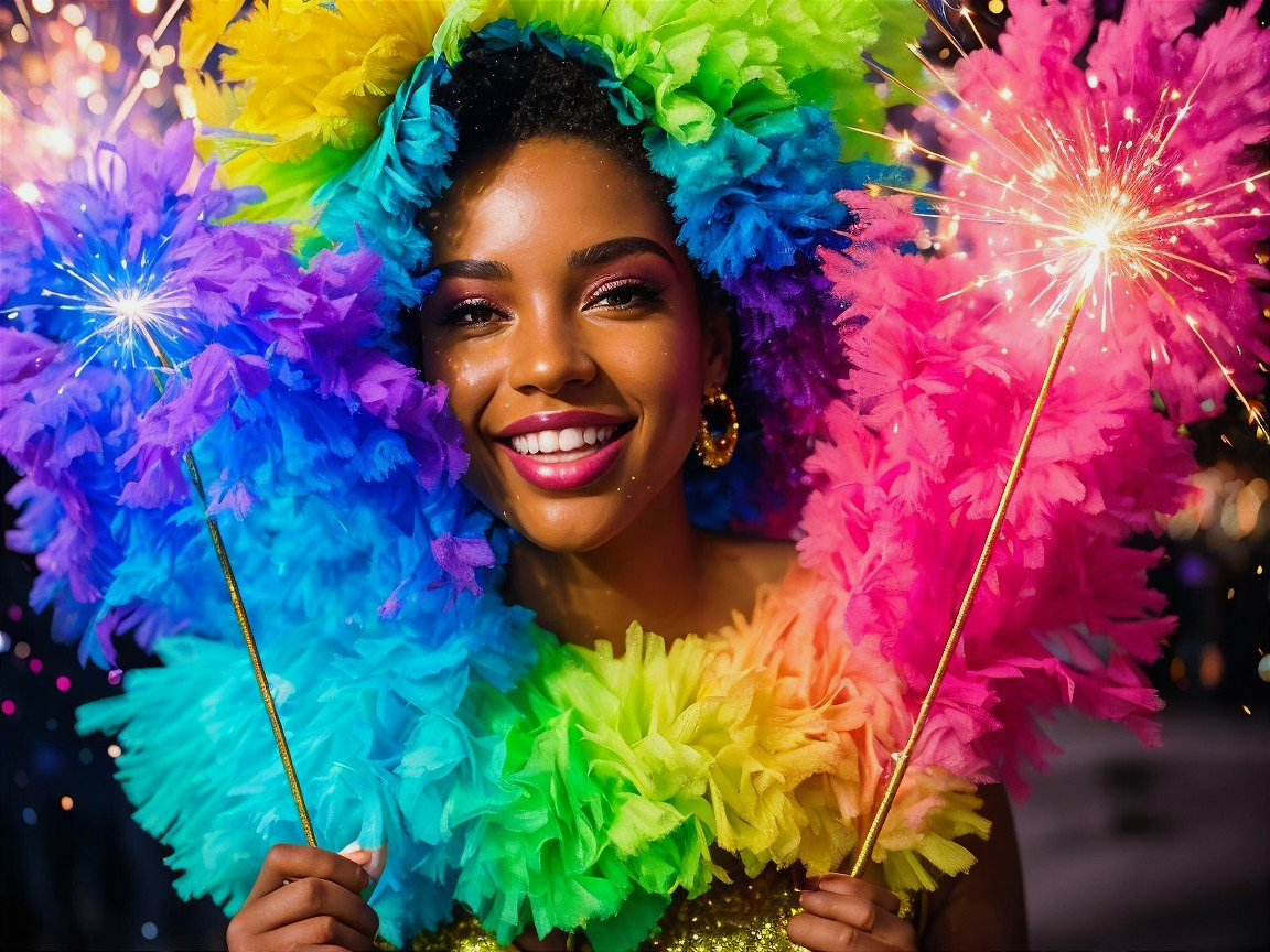 Vibrant celebration with woman in colorful feathered headdress
