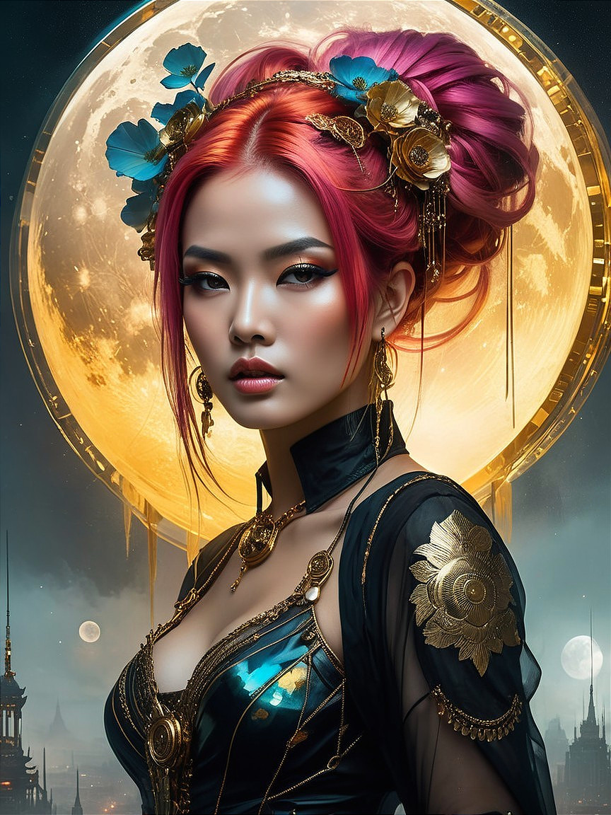 Female figure in mystical setting with luminous moon