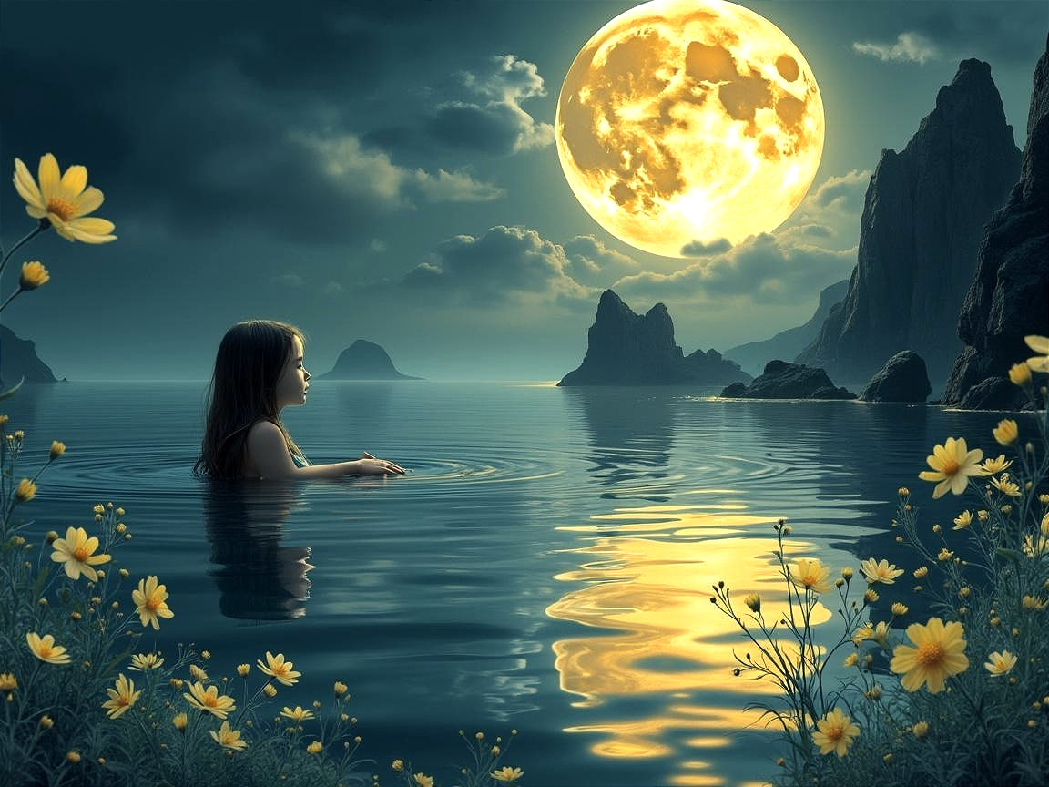Girl Wading in Calm Waters Under Full Moonlight