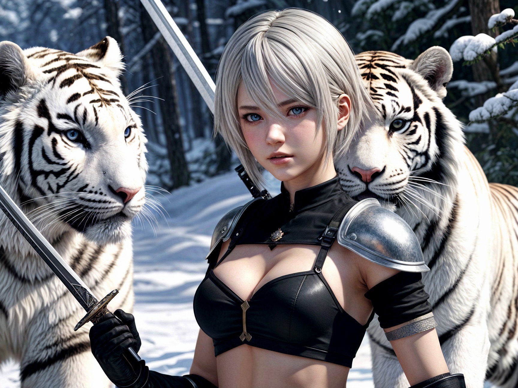 Young warrior with tigers in snowy forest scene