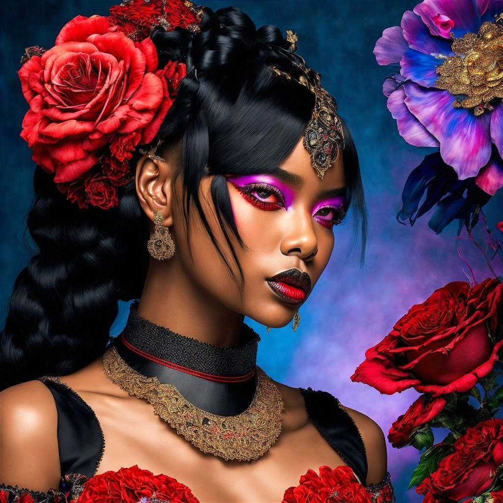 Portrait of a woman with red roses and bold makeup
