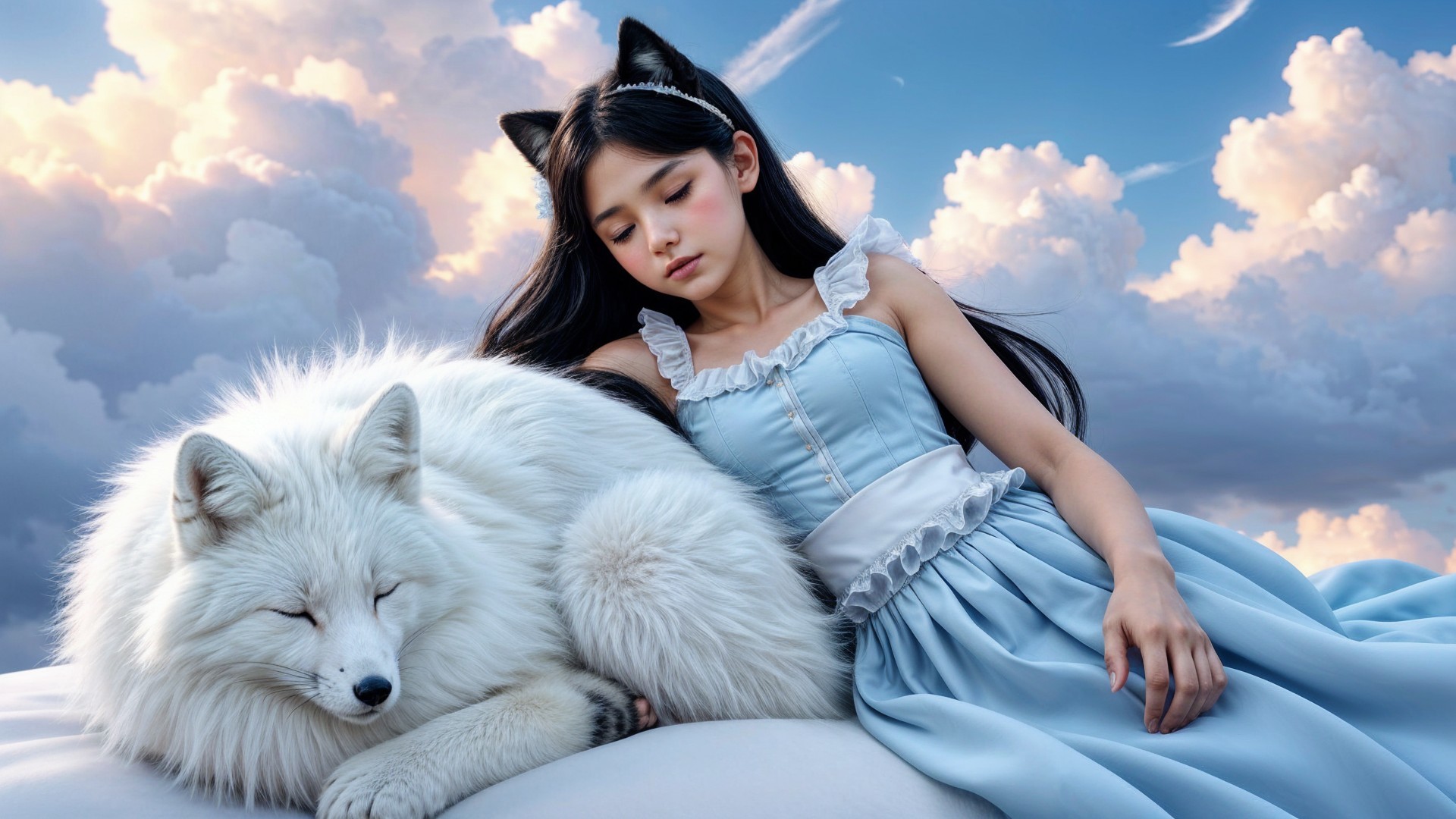 Serene girl in blue dress with fox on soft cloud