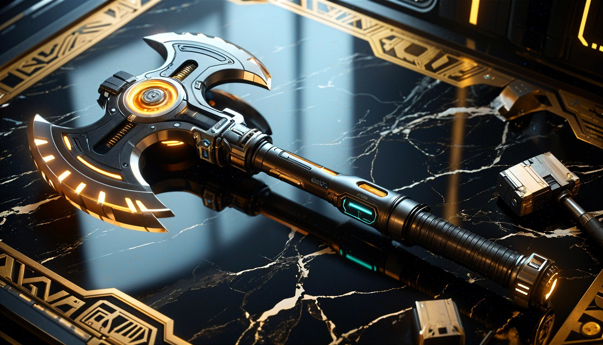 Futuristic High-Tech Battle Axe on Black Marble Surface