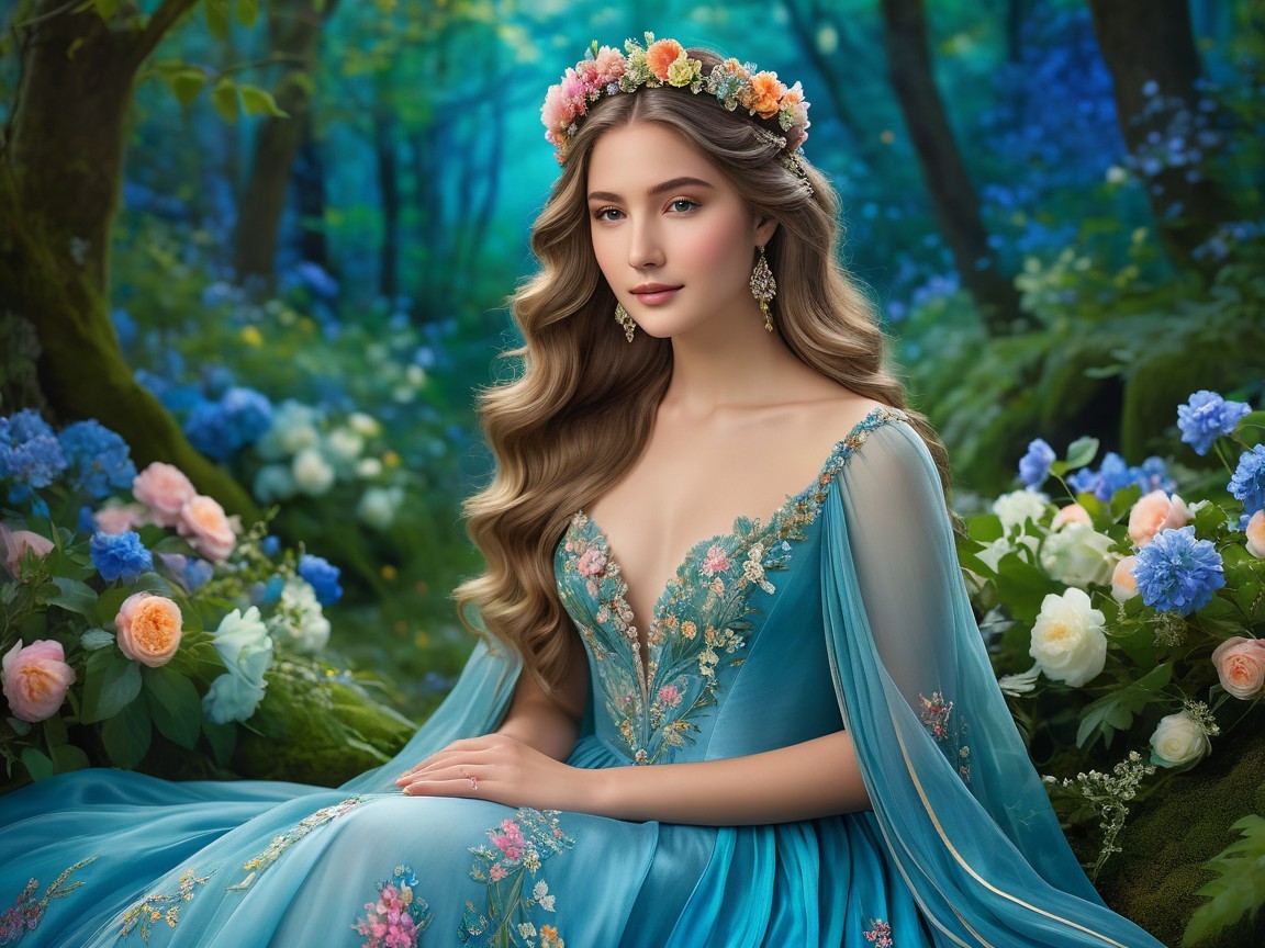 Young woman in enchanted forest with vibrant flowers