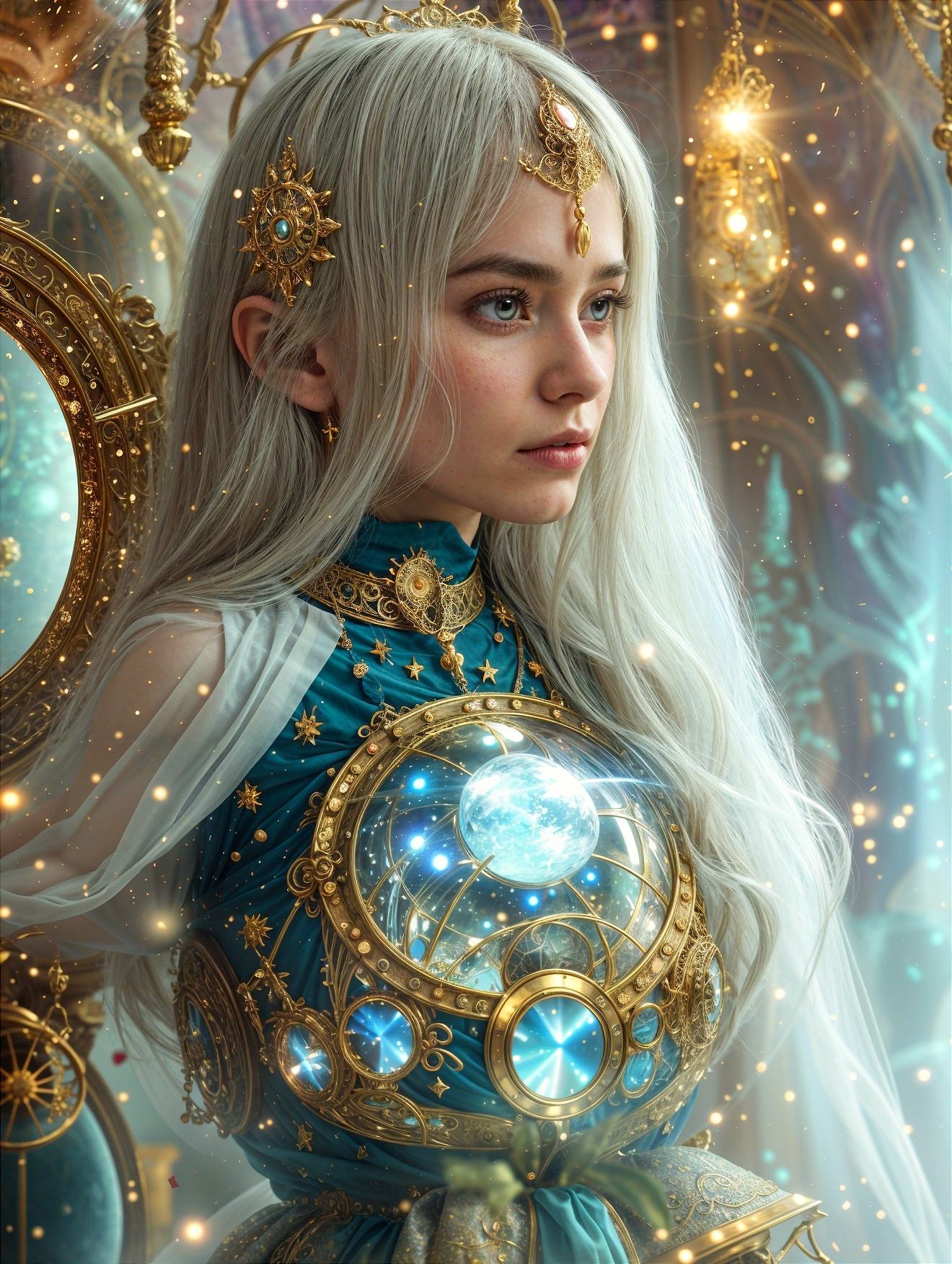 Mystical figure in teal gown with celestial orb