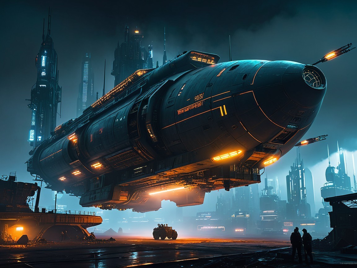 Futuristic spaceship above industrial landscape with neon lights