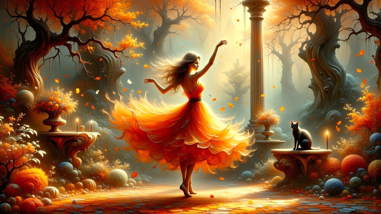 Graceful figure in orange dress dances in forest
