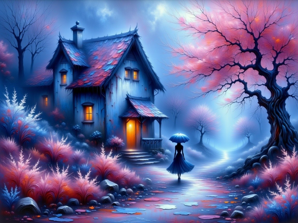 Enchanted house scene with vibrant foliage and mist