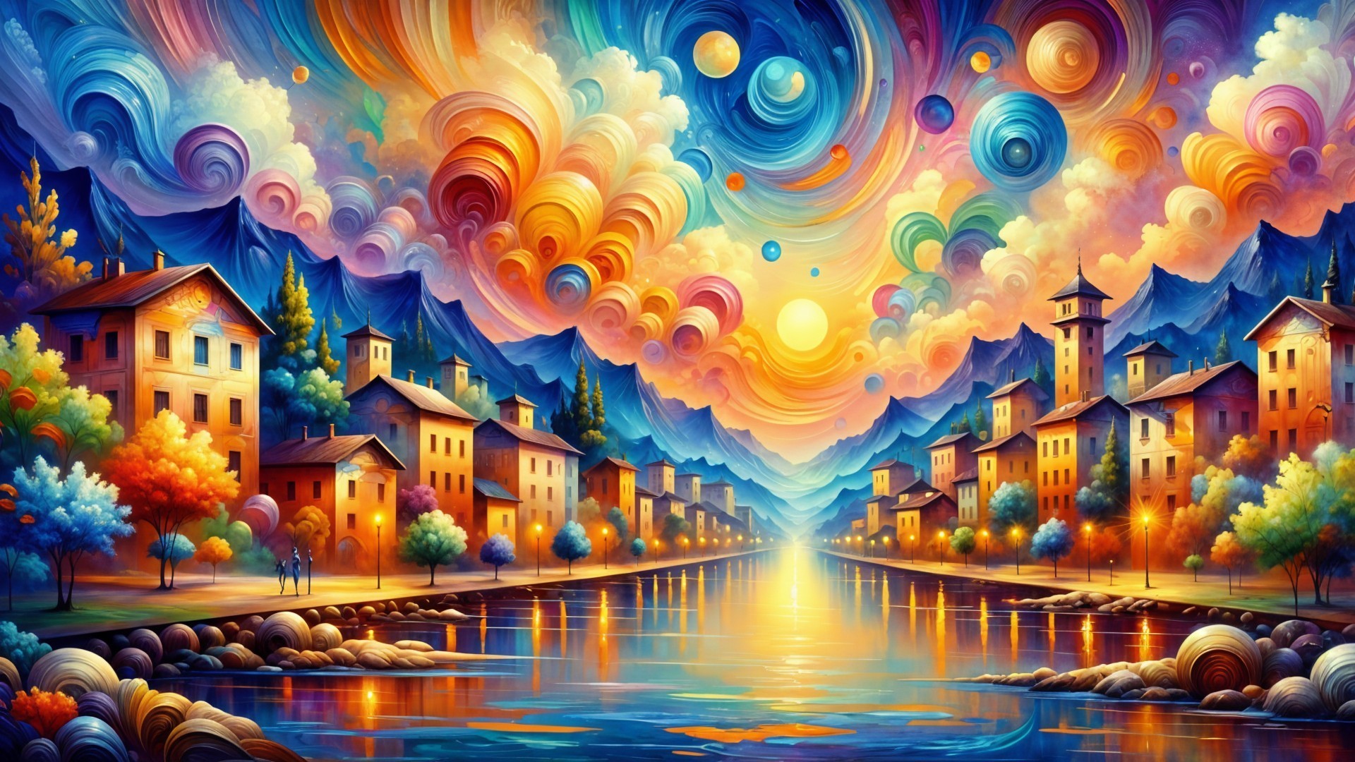 Vibrant Dreamlike Landscape with Serene River and Houses