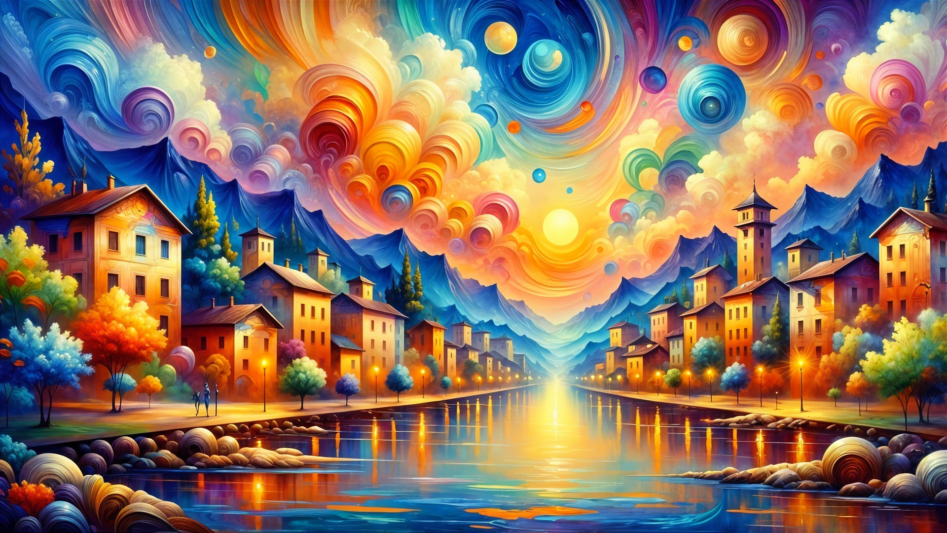 Vibrant Dreamlike Landscape with Serene River and Houses
