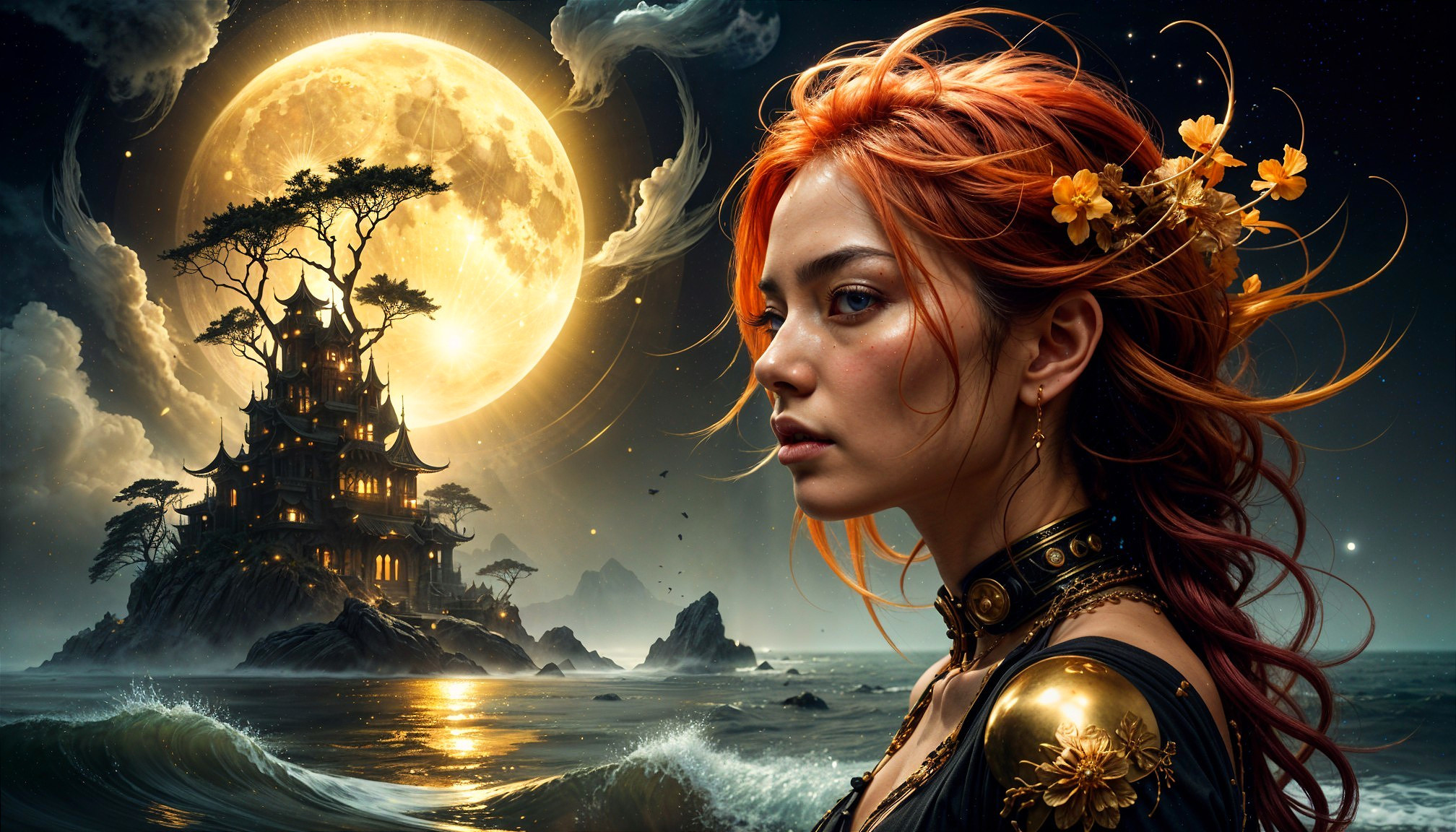 Portrait of a Young Woman with Orange Hair and Castle