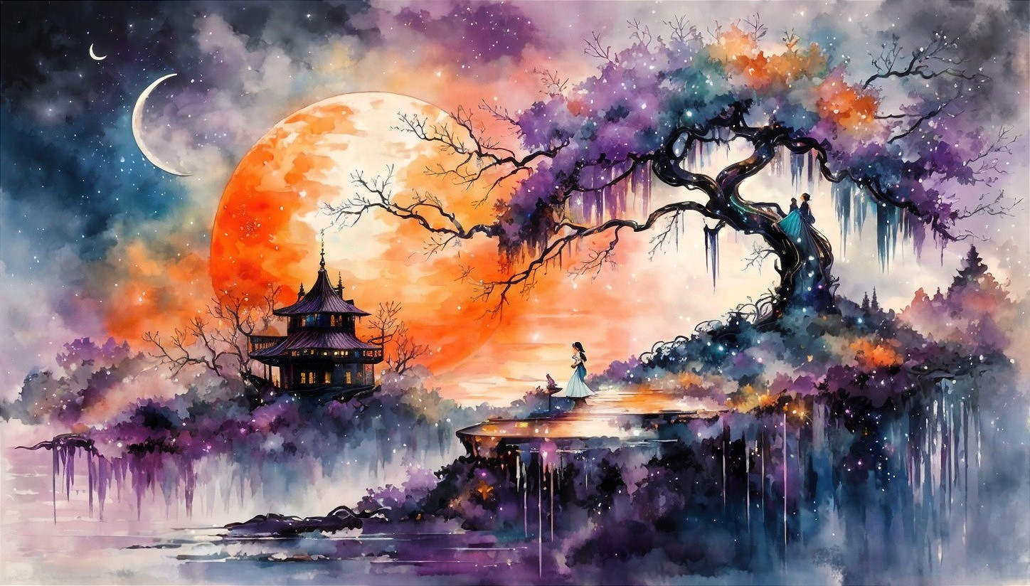 Dreamy Landscape with Sunset, Moon, and Pagoda