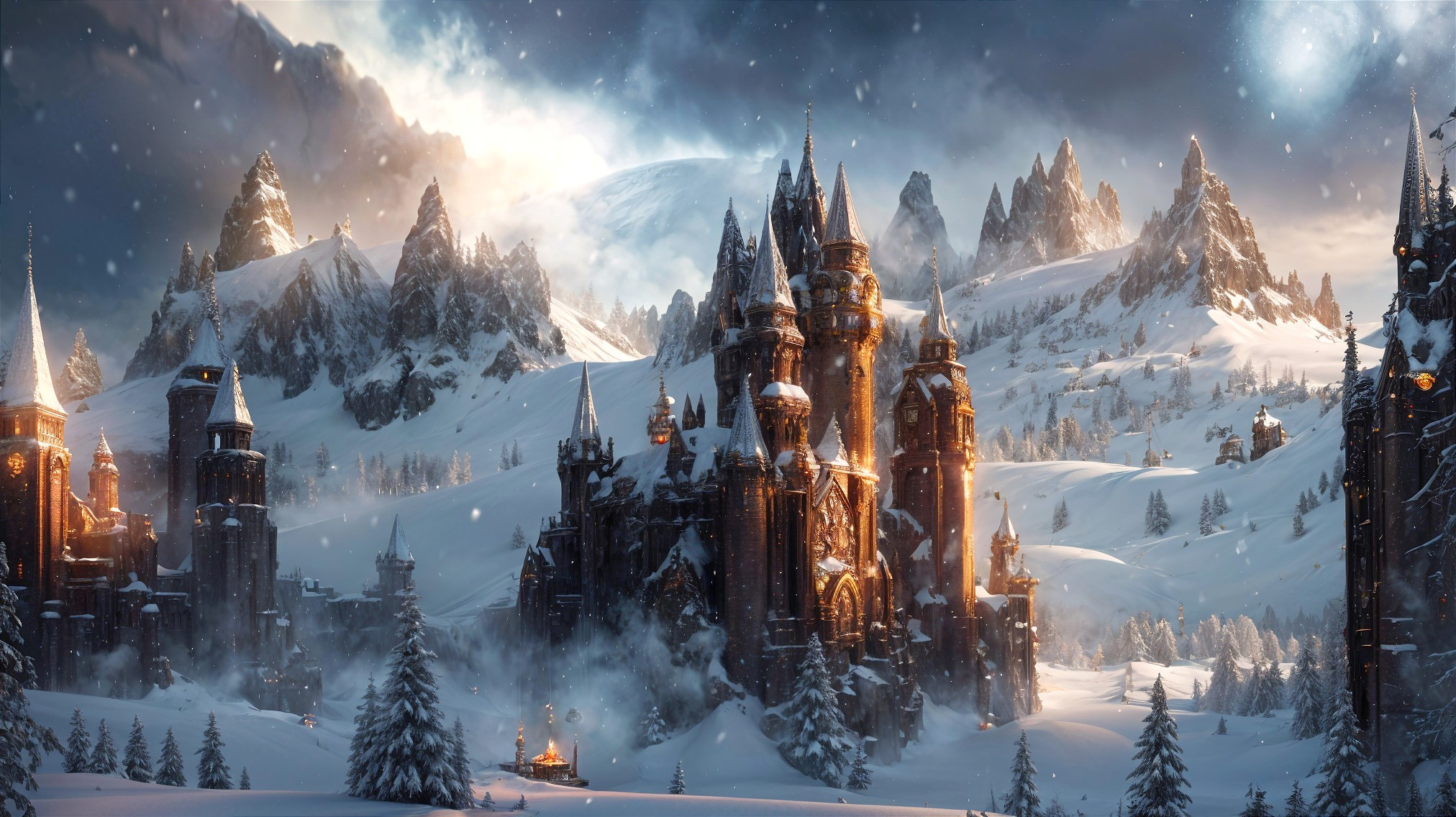 Majestic Castle in Snowy Mountain Landscape