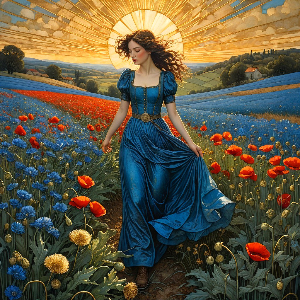 Woman in Blue Dress in Vibrant Flower Field