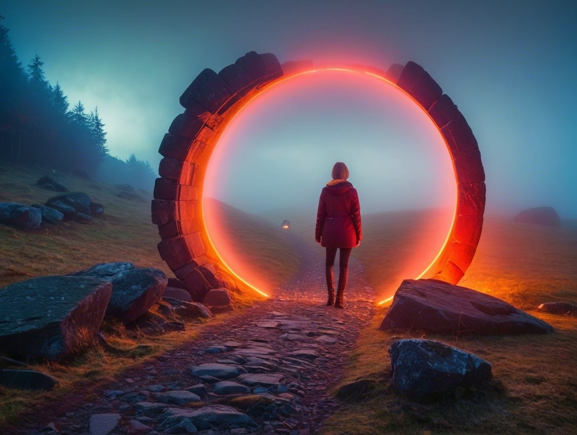 Lone Figure at Glowing Stone Archway in Misty Landscape