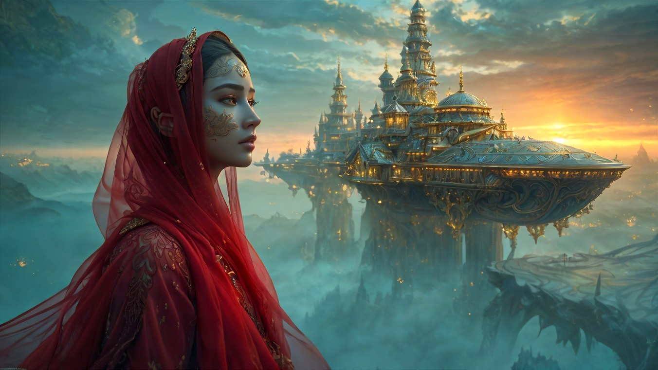 Young Woman in Red Garment Gazing at Floating City