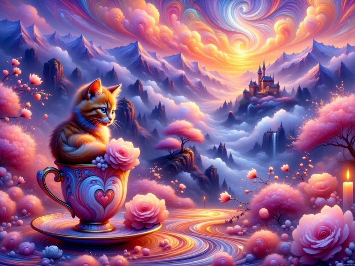 Fluffy Cat in Colorful Teacup with Dreamy Landscape