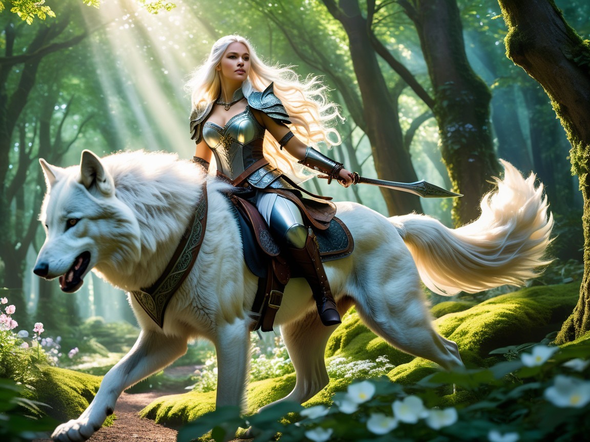 Warrior on White Wolf in Mystical Sunlit Forest