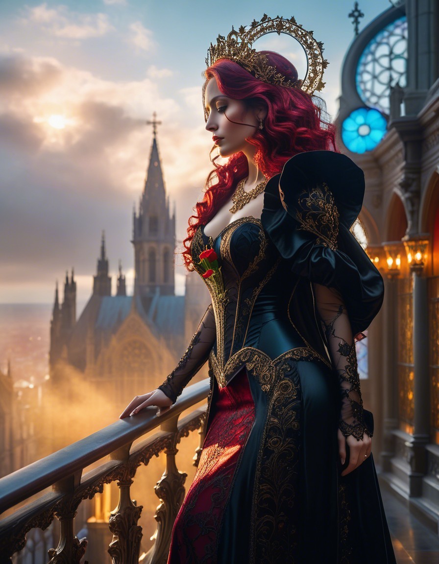 Regal Figure on Balcony Overlooking Golden Cityscape