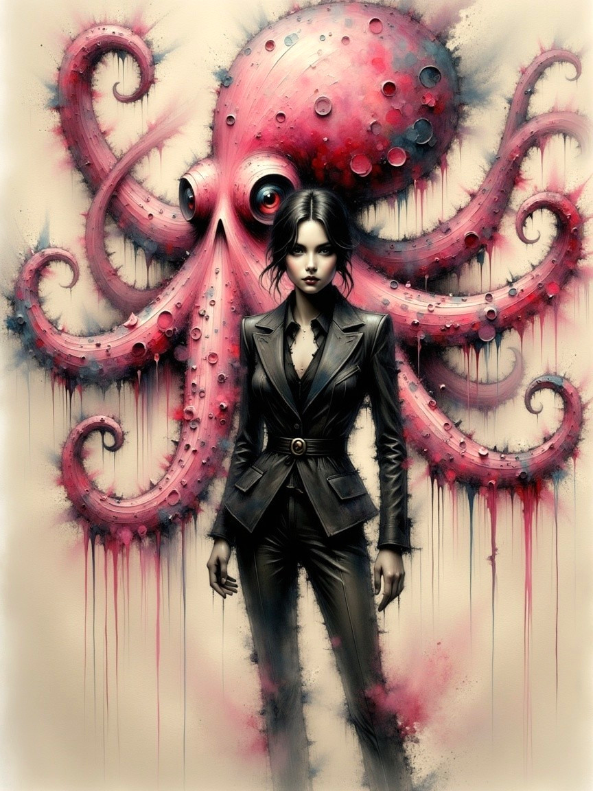 Woman in Black Suit with Vibrant Octopus Background