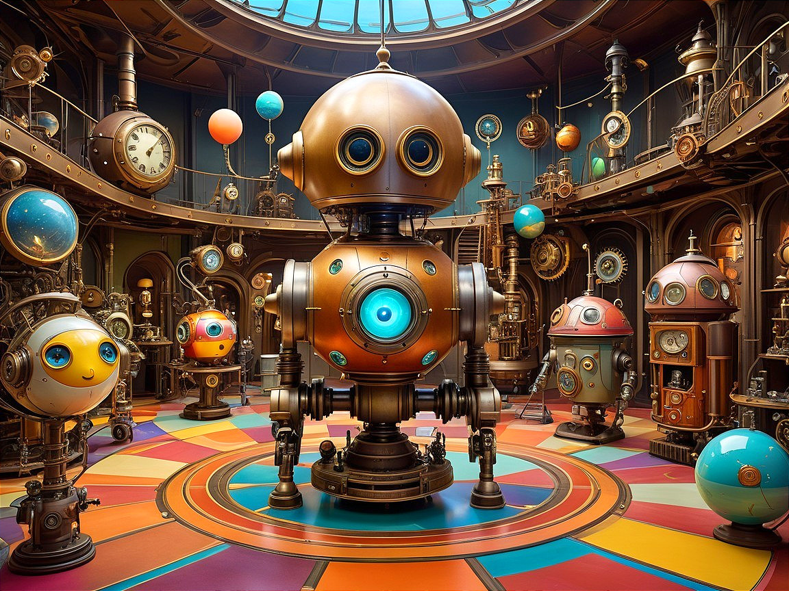 Steampunk Workshop with Central Robot and Smaller Companions