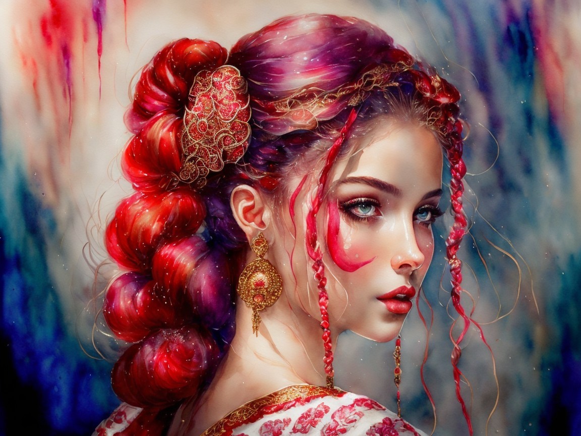 Portrait of a Young Woman with Colorful Hair and Makeup