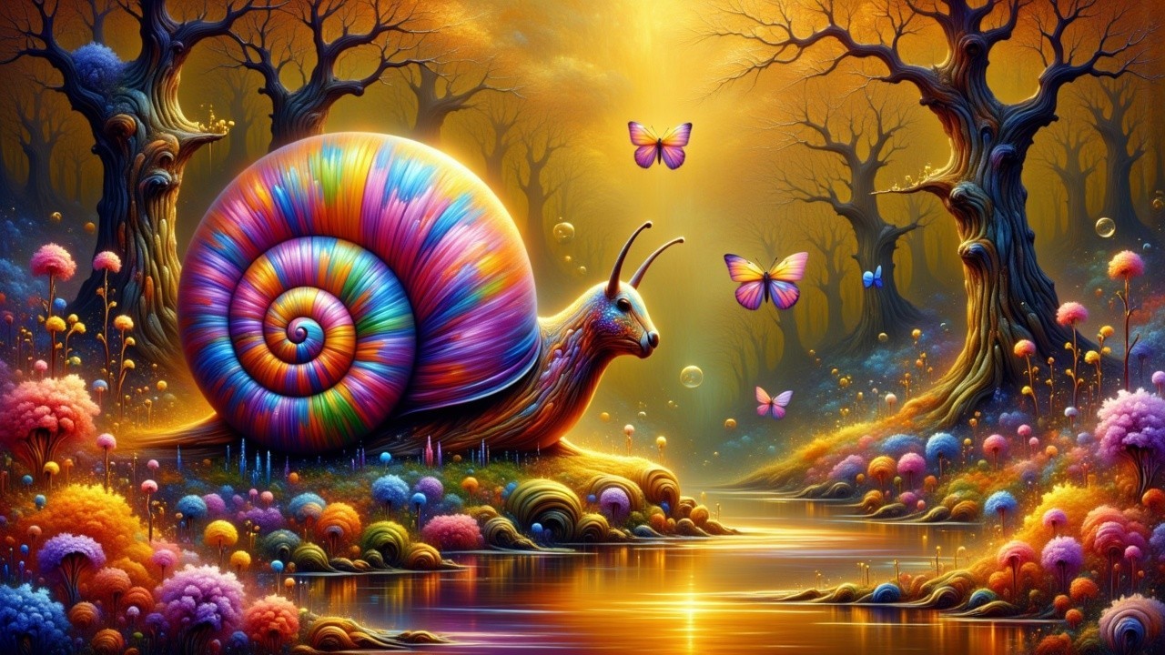 Colorful Snail in a Fantasy Forest by a River