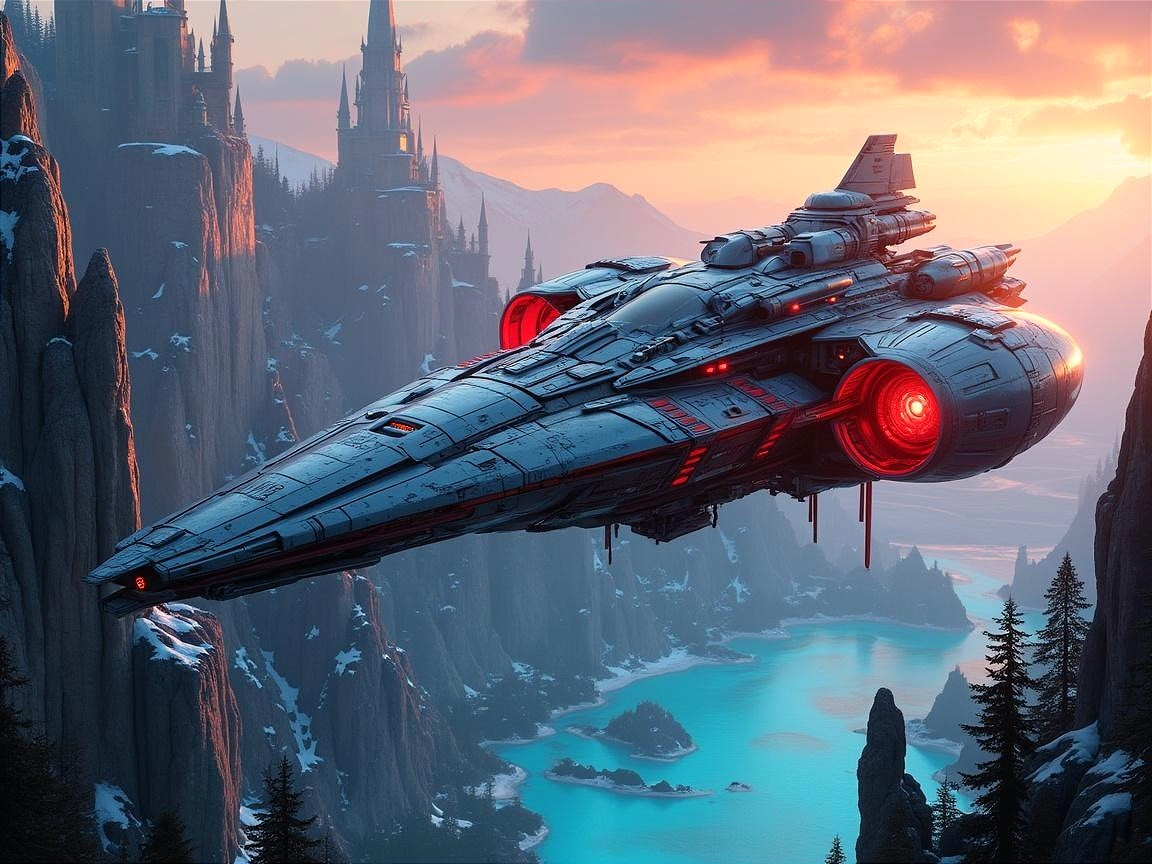 Futuristic Spaceship Over Scenic Landscape at Sunset