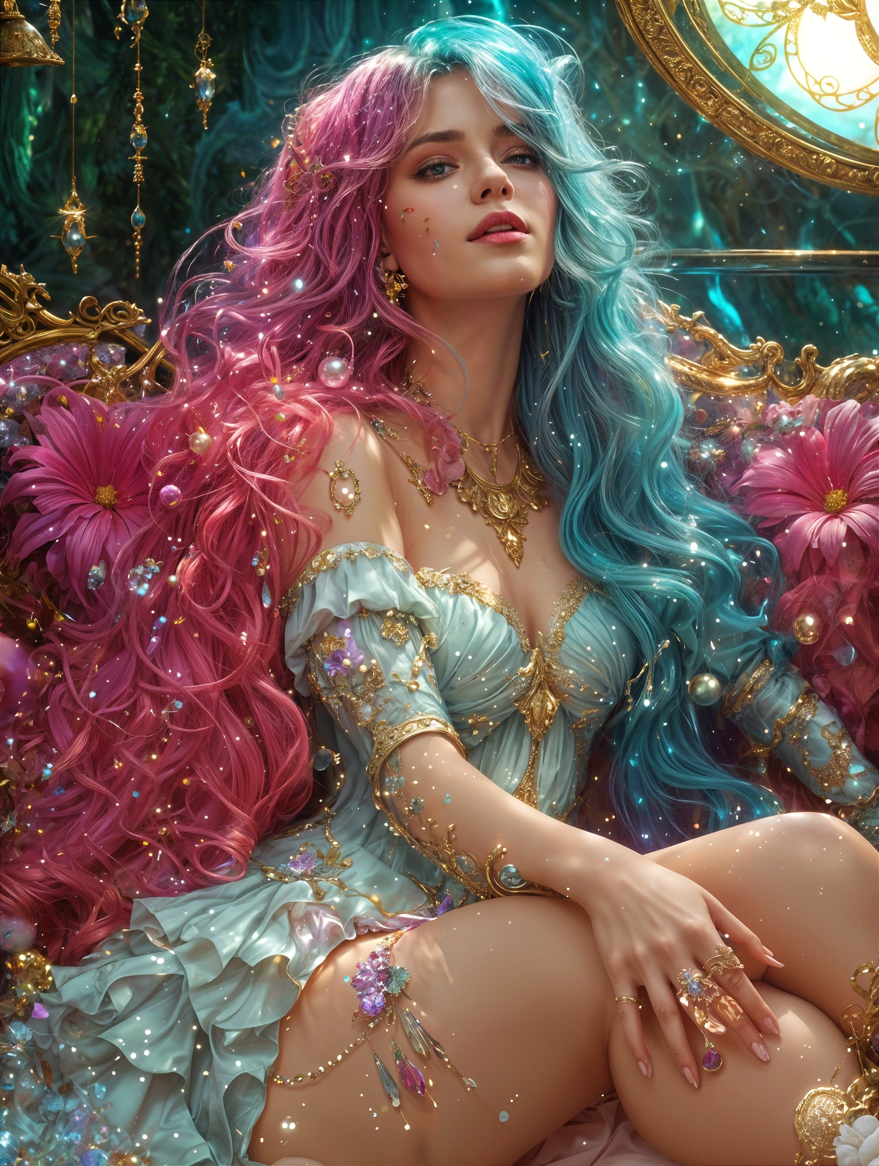 Young woman with pink and blue hair in elegant setting