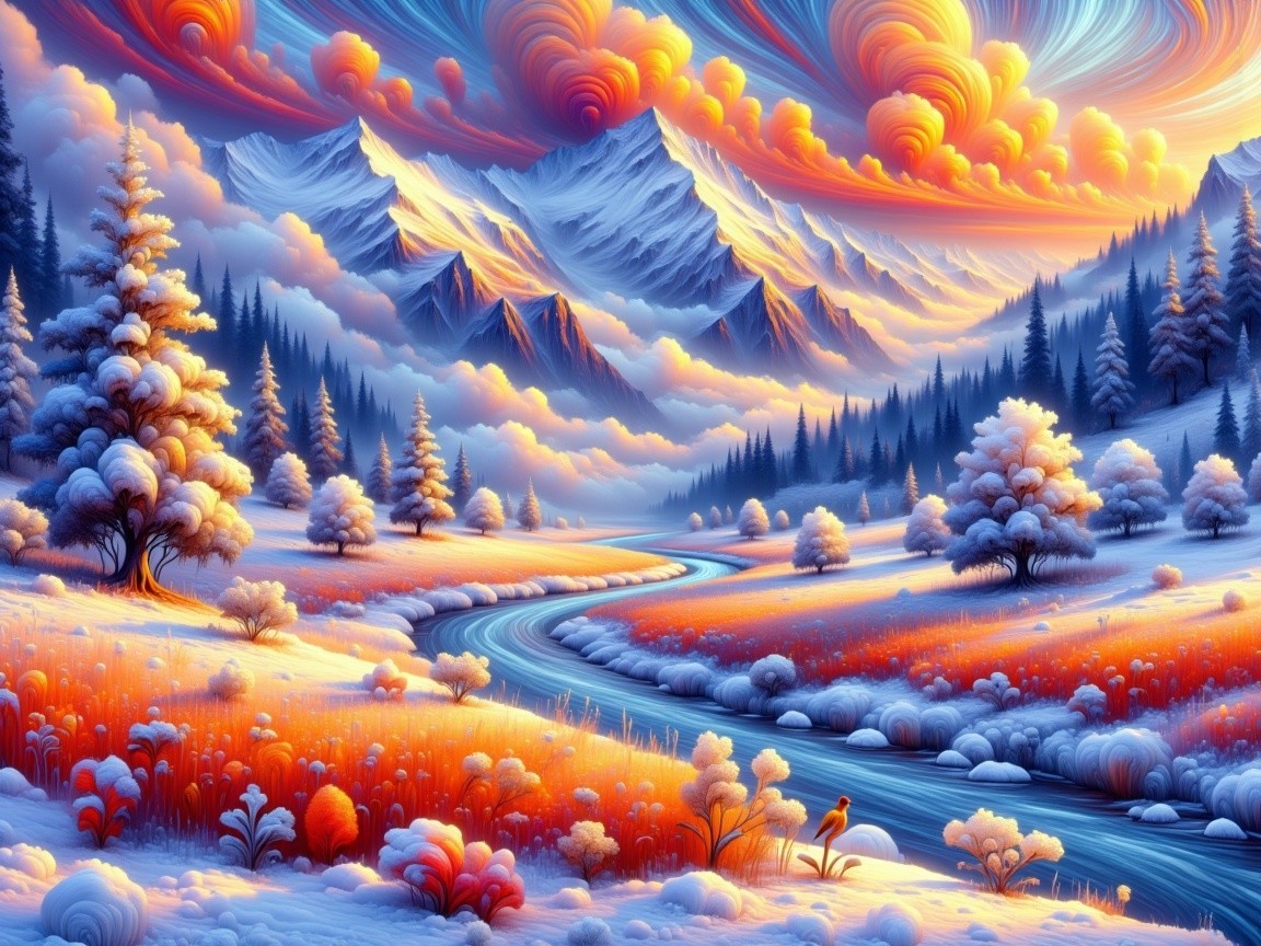 Vibrant Winter Landscape with Majestic Mountains