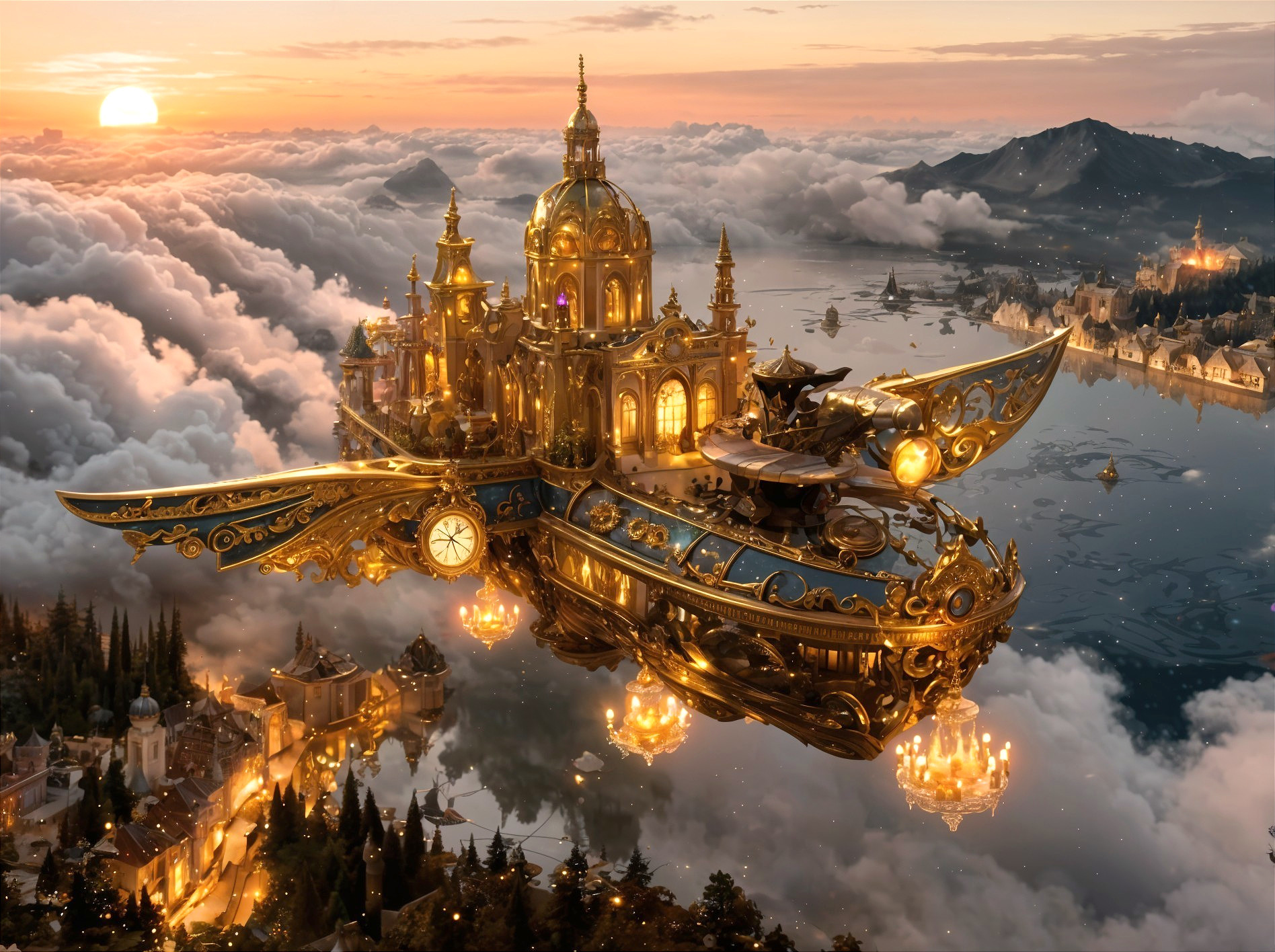 Steampunk Airship Over a Shimmering Lake at Sunset